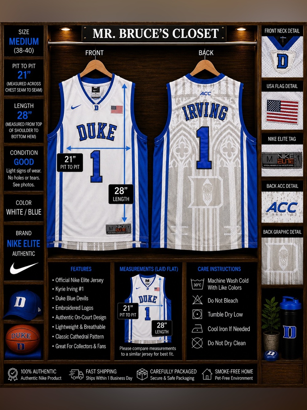 Nike Elite Duke Blue Devils Kyrie Irving #1 Jersey Men’s Medium White NCAA